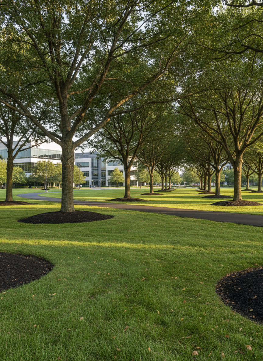 A spacious commercial green area adjacent to a business park, featuring large, evenly spaced mature trees with full canopies casting patterned shade on a uniformly mowed lawn. Carefully arranged shrub beds with dark mulch form clean, curved shapes around the trunks, and a wide, swept asphalt path curves gently through the scene. In the distance, low, modern office buildings with glass and metal facades sit quietly, their neutral colors complementing the green landscape. Late afternoon natural light creates soft, directional illumination, subtly highlighting leaf textures and tree bark while casting elongated but gentle shadows. Shot from a slightly elevated, three-quarter view with balanced composition, the image has strong depth and clarity. The mood is orderly, quietly dynamic, and corporate, captured with photographic realism and a clean, structured, professional aesthetic.