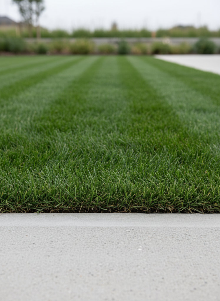 A close-up, detailed view of a neatly edged lawn meeting a clean, light-gray concrete walkway, showcasing the precision of professional green space maintenance. The grass is dense and vibrant, each blade upright, while the concrete surface is free of dirt and stains, with small pebbles subtly visible in its texture. A narrow, perfectly straight edging line separates lawn and path. Soft, diffused morning light from an overcast sky reduces contrast and creates a gentle, uniform illumination across the scene. Captured from a low, side-on perspective with shallow depth of field, the sharp focus is on the crisp edge, with the background gradually blurring into neutral tones. The composition emphasizes clean lines, minimalism, and technical accuracy, in a highly realistic photographic style suited to a professional landscaping service.